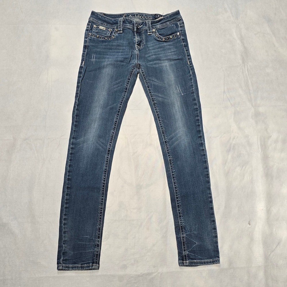 LA Idol USA Womens Size 9 Medium Wash Rhinestone Embellished Skinny Jeans Blue